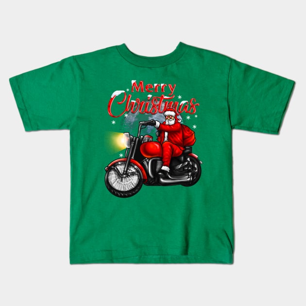 Merry Christmas Biker Santa Kids T-Shirt by AngelFlame